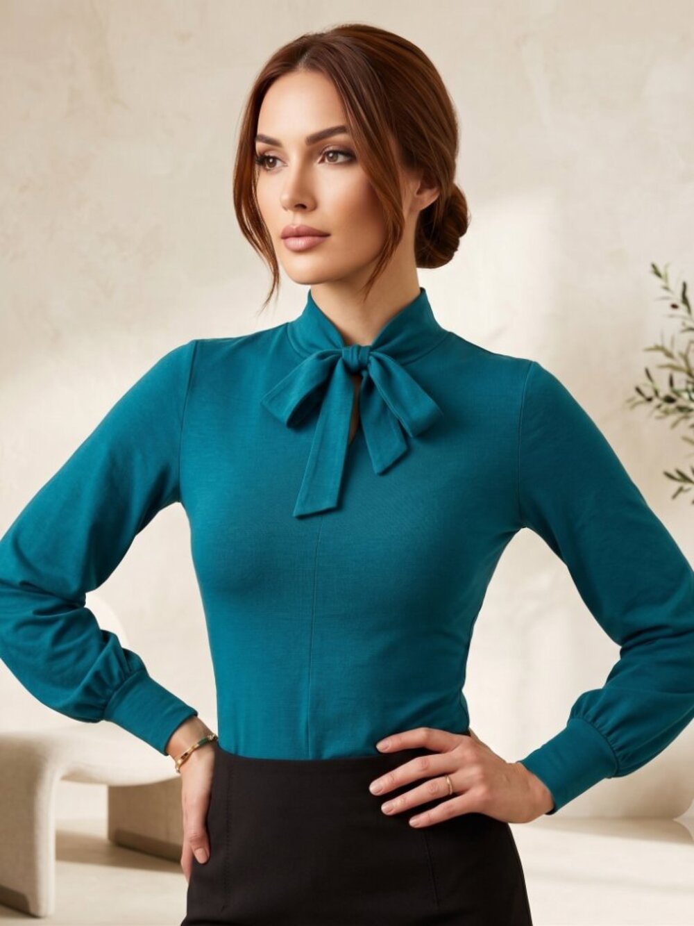 Eve Gravel Teal Tie-Neck Long Sleeve Blouse Top - Size XS